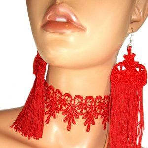 Red Lace Tassel Jewelry Set, Red Lace Tassel Earrings & Choker, Red Jewelry Set